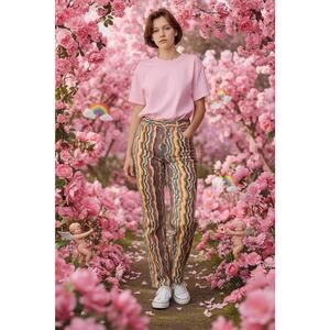 Vintage Y2K Oilily 34 Beige Wavy Striped Brown Blue Orange Pants Boho Colorful